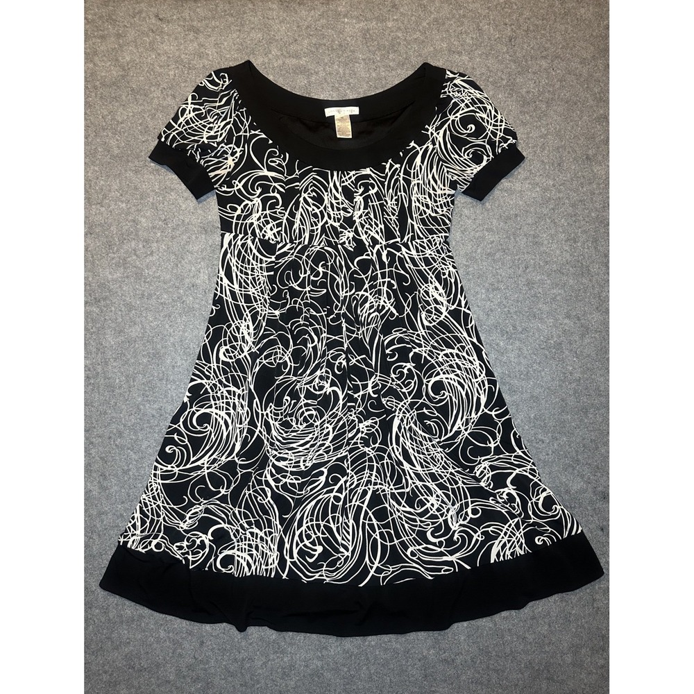 London Times Swirl Print Empire Waist Dress 10‎ Black White Short Sleeve Pleated